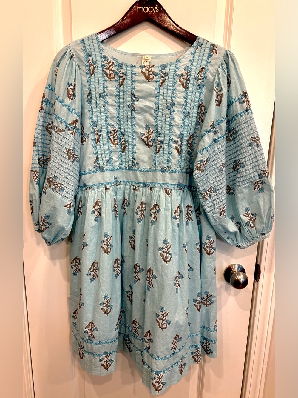Uncle Frank Light Blue Floral Puff-Sleeve Dress Size Small